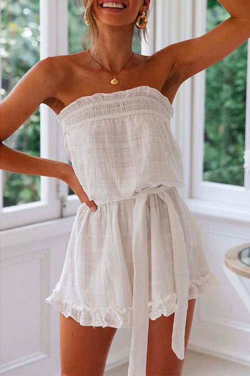 Margovil Off Shoulder Sleeveless Tie Waist Ruffle Romper afbeelding 1