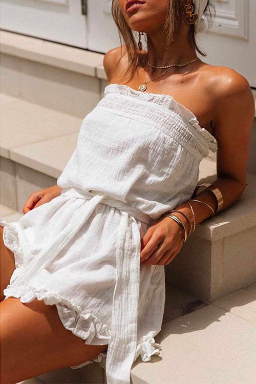 Margovil Off Shoulder Sleeveless Tie Waist Ruffle Romper afbeelding 2