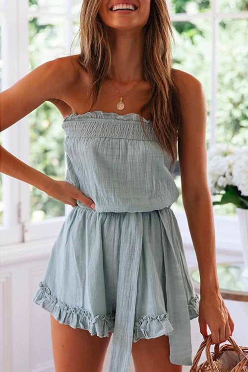 Margovil Off Shoulder Sleeveless Tie Waist Ruffle Romper afbeelding 3