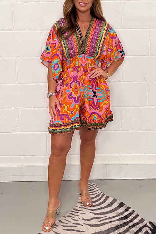 Margovil V Neck High Waist Wide Leg Printed Ruffle Romper afbeelding 1