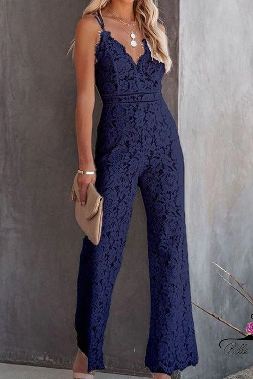 Margovil V Neck Waisted Wide Leg Cami Lace Jumpsuit afbeelding 7