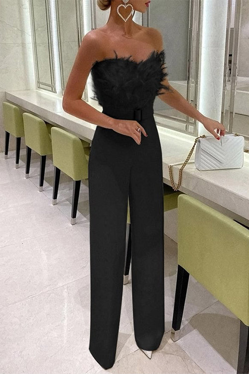 Margovil Off Shoulder Feather Splice Belted Jumpsuit afbeelding 2