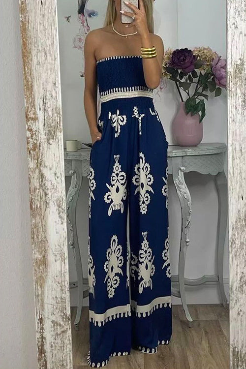 Margovil Off Shoulder Smocked High Waist Wide Leg Printed Jumpsuit afbeelding 2