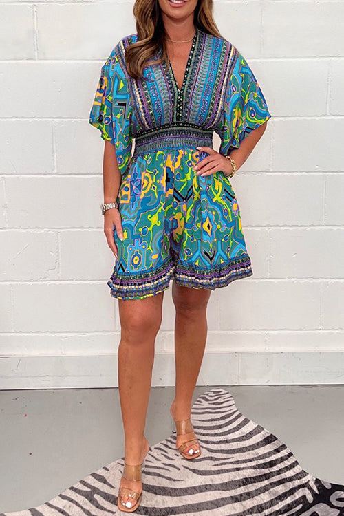 Margovil V Neck High Waist Wide Leg Printed Ruffle Romper afbeelding 2