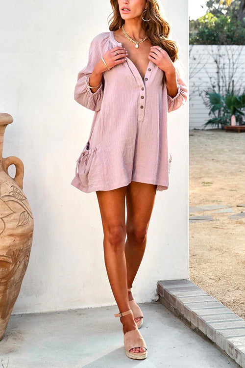 Margovil Solid Button Down Shorts Romper with Pockets afbeelding 3