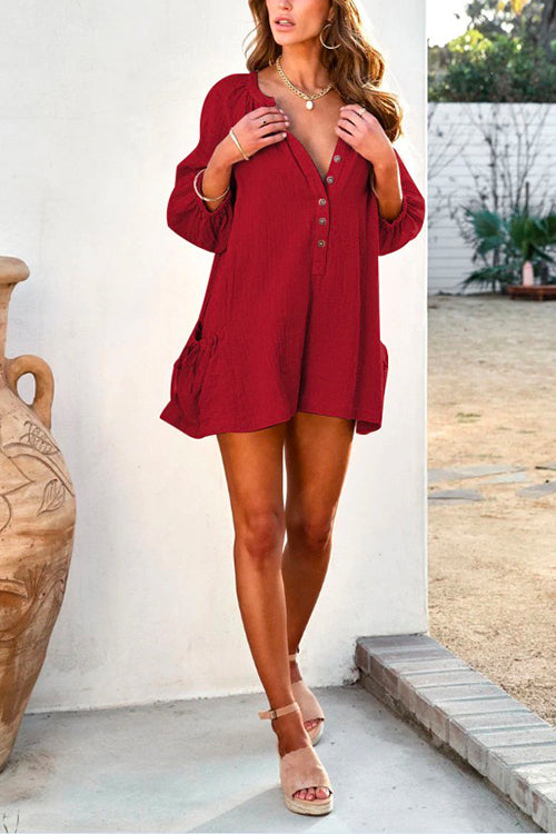 Margovil Solid Button Down Shorts Romper with Pockets afbeelding 4