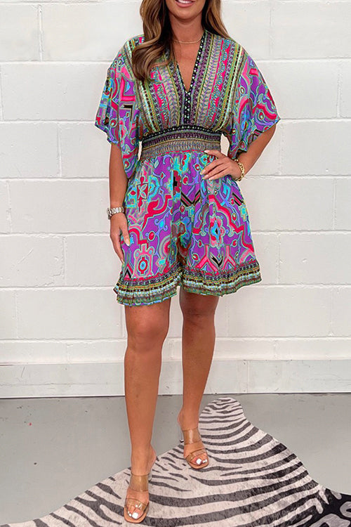 Margovil V Neck High Waist Wide Leg Printed Ruffle Romper afbeelding 3