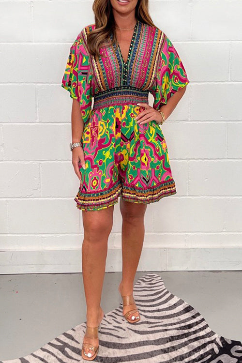 Margovil V Neck High Waist Wide Leg Printed Ruffle Romper afbeelding 4