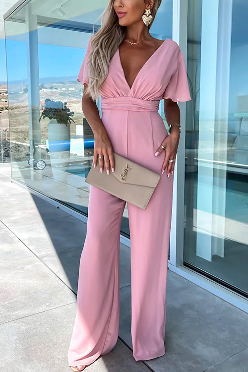 Margovil Deep V Neck Ruffle Sleeve High Waist Wide Leg Jumpsuit afbeelding 5