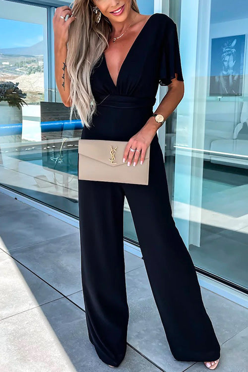 Margovil Deep V Neck Ruffle Sleeve High Waist Wide Leg Jumpsuit afbeelding 2