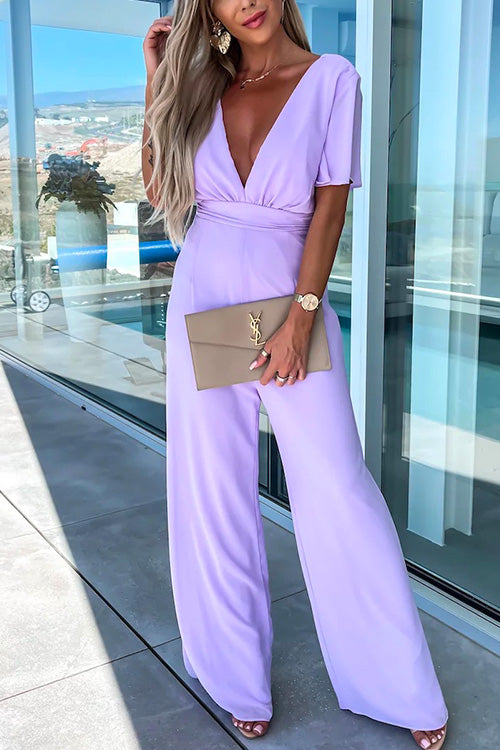 Margovil Deep V Neck Ruffle Sleeve High Waist Wide Leg Jumpsuit afbeelding 4