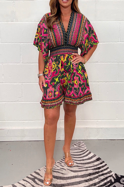 Margovil V Neck High Waist Wide Leg Printed Ruffle Romper afbeelding 5