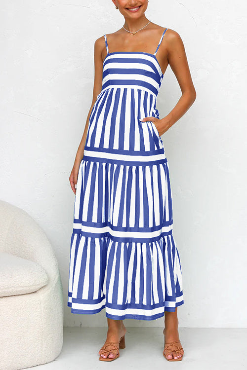 Margovil Spaghetti Strap Tiered Color Block Striped Maxi Dress afbeelding 9