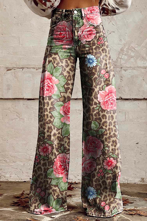 Margovil Leopard Floral Print Wide Leg Pocketed Pants afbeelding 1