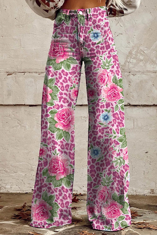 Margovil Leopard Floral Print Wide Leg Pocketed Pants afbeelding 2