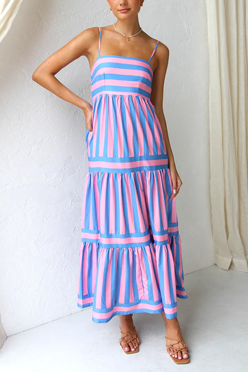 Margovil Spaghetti Strap Tiered Color Block Striped Maxi Dress afbeelding 5