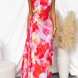 One Shoulder Sleeveless Print Asymmetric Maxi Pleated Dress afbeelding 1