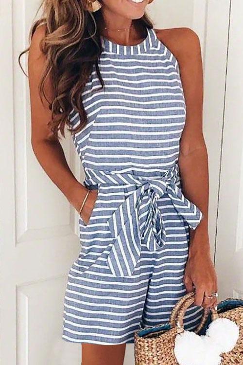 Margovil Crewneck Sleeveless Bow-knot Striped Romper afbeelding 2