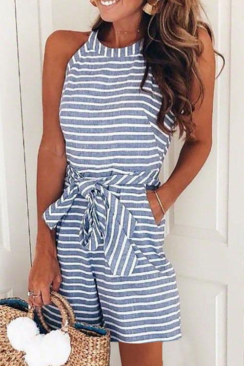 Margovil Crewneck Sleeveless Bow-knot Striped Romper afbeelding 1