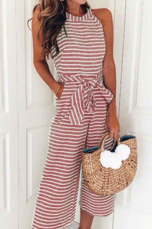 Margovil Crewneck Sleeveless Bow Knot Wide Leg Striped Jumpsuit afbeelding 5
