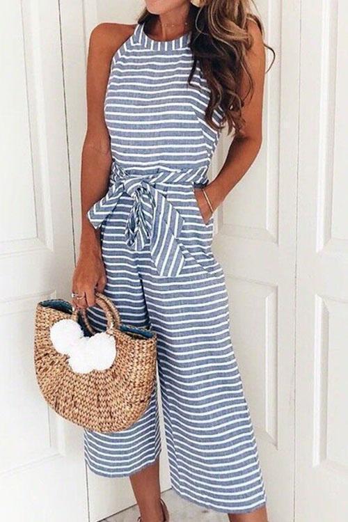 Margovil Crewneck Sleeveless Bow Knot Wide Leg Striped Jumpsuit afbeelding 1