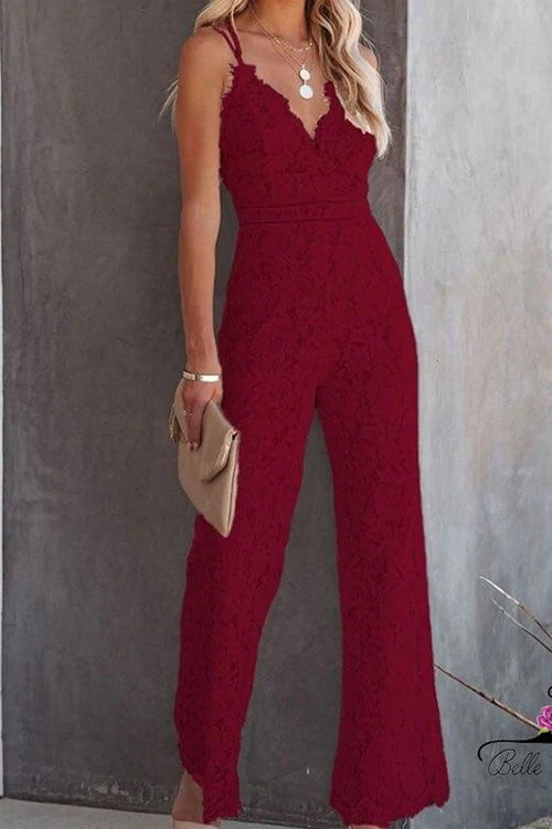 Margovil V Neck Waisted Wide Leg Cami Lace Jumpsuit afbeelding 6