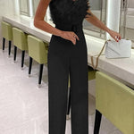 Margovil Off Shoulder Feather Splice Belted Jumpsuit afbeelding 2