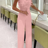 Margovil Off Shoulder Feather Splice Belted Jumpsuit afbeelding 5