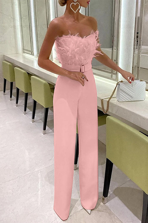 Margovil Off Shoulder Feather Splice Belted Jumpsuit afbeelding 5
