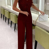 Margovil Off Shoulder Feather Splice Belted Jumpsuit afbeelding 4