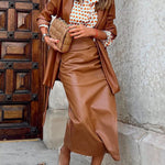 Margovil Casual Ruched Side Split Leather Skirt afbeelding 2