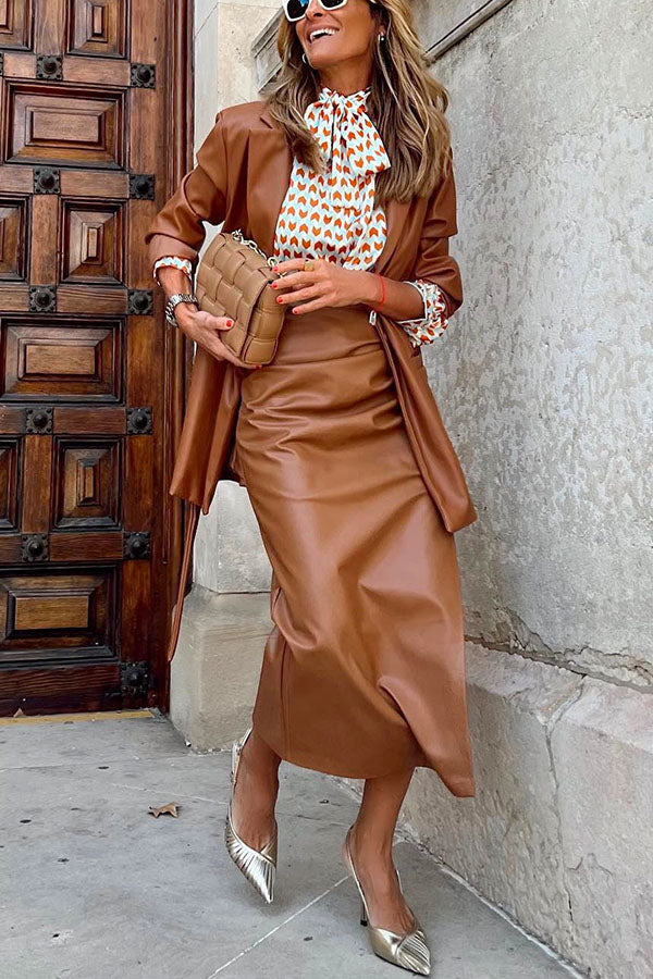Margovil Casual Ruched Side Split Leather Skirt afbeelding 2