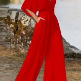 Margovil Deep V Neck High Waist Wide Leg Jumpsuit afbeelding 3
