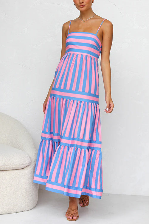 Margovil Spaghetti Strap Tiered Color Block Striped Maxi Dress afbeelding 10