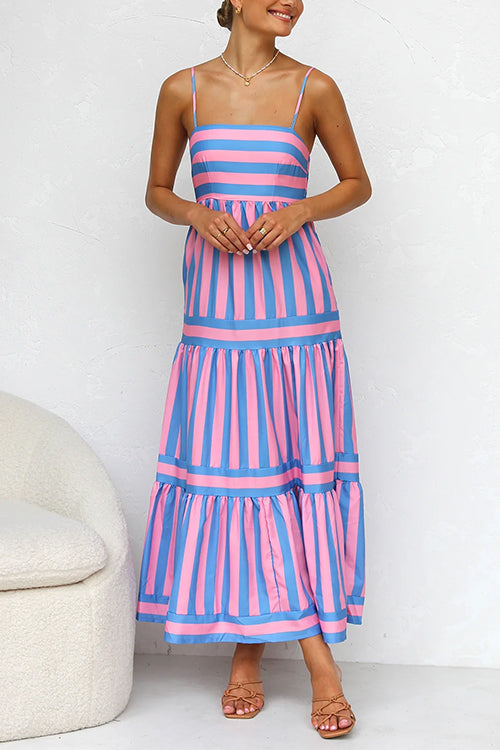 Margovil Spaghetti Strap Tiered Color Block Striped Maxi Dress afbeelding 12