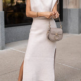 Cowl Neck Waisted Side Slit Midi Sweater Dress afbeelding 2