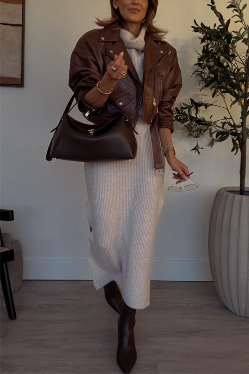 Cowl Neck Waisted Side Slit Midi Sweater Dress afbeelding 9