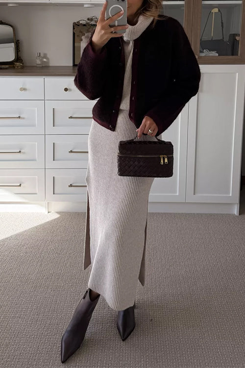 Cowl Neck Waisted Side Slit Midi Sweater Dress afbeelding 12