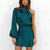 Dames One-Shoulder Jurk – Asymmetrisch Design – Lange Mouw – Luxe Satijnlook – Getailleerd