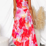 One Shoulder Sleeveless Print Asymmetric Maxi Pleated Dress afbeelding 2