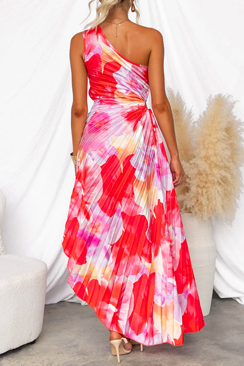One Shoulder Sleeveless Print Asymmetric Maxi Pleated Dress afbeelding 2