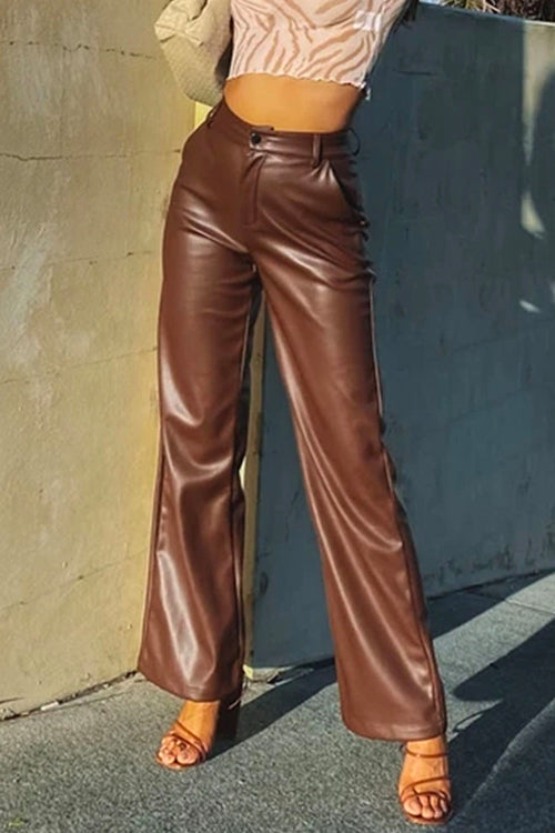 Margovil Faux Leather Straight Leg Trousers with Pockets afbeelding 5
