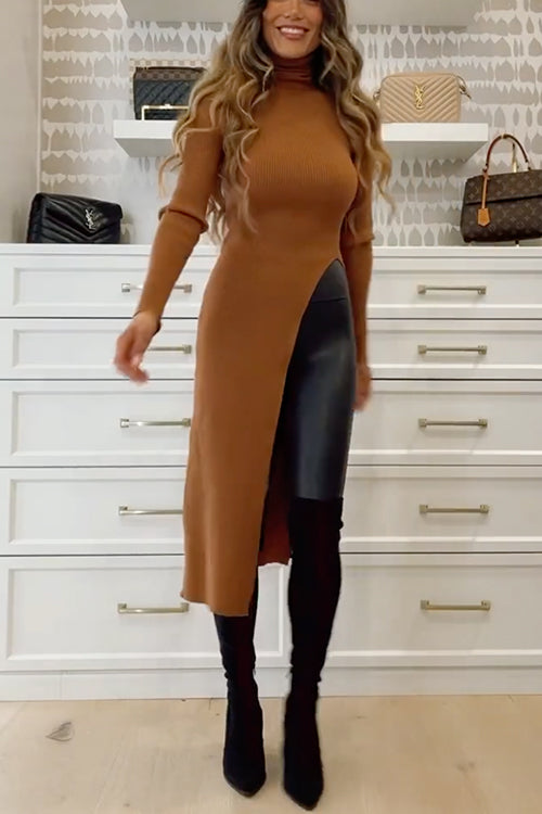 7 Colors Maillard Turtleneck High Slit Ribbed Knit Dress afbeelding 2