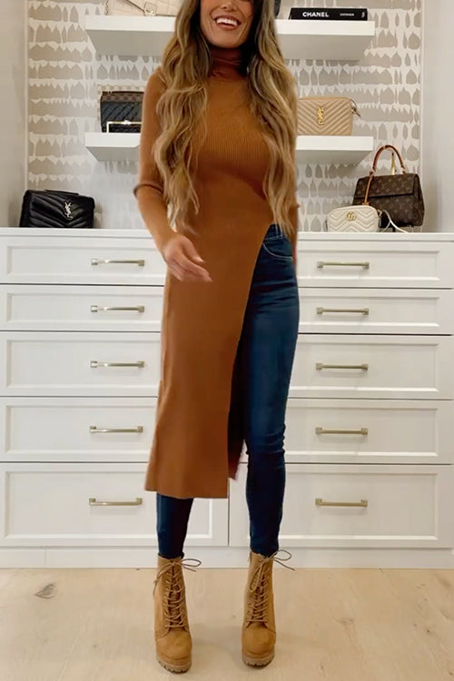7 Colors Maillard Turtleneck High Slit Ribbed Knit Dress afbeelding 11