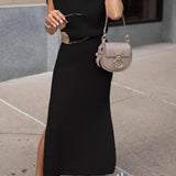 Cowl Neck Waisted Side Slit Midi Sweater Dress afbeelding 3