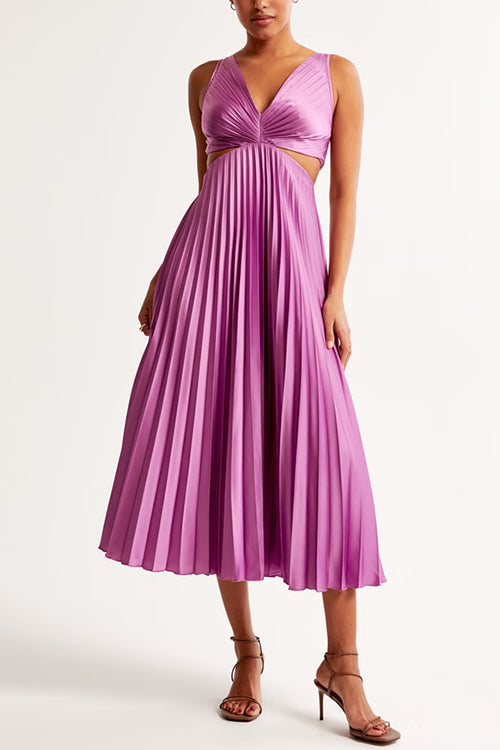 V Neck Cut Out Waist Sleeveless Pleated Maxi Dress(7 Colors Available!) afbeelding 6