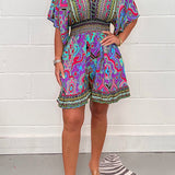 Margovil V Neck High Waist Wide Leg Printed Ruffle Romper afbeelding 3