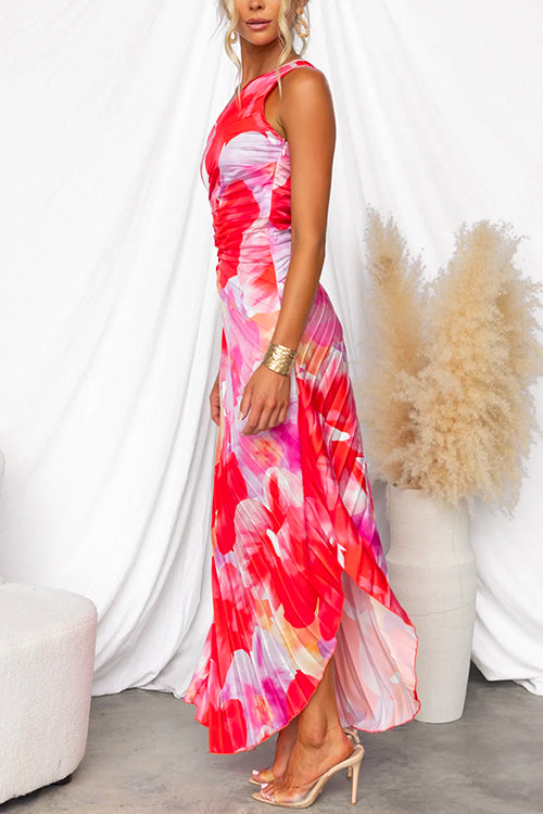 One Shoulder Sleeveless Print Asymmetric Maxi Pleated Dress afbeelding 3