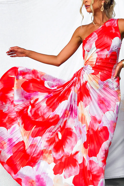 One Shoulder Sleeveless Print Asymmetric Maxi Pleated Dress afbeelding 4