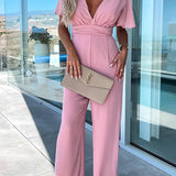 Margovil Deep V Neck Ruffle Sleeve High Waist Wide Leg Jumpsuit afbeelding 5